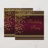 ゴールドパール スワール 女性のワインレッド バースデーパーティー 招待状 (正面/裏面)