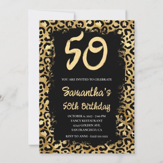 ゴールドヒョウ柄ブラックの50歳の誕生日 招待状 (正面)