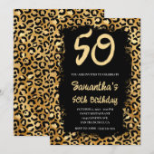 ゴールドヒョウ柄ブラックの50歳の誕生日 招待状 (正面/裏面)