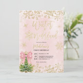 ゴールドピンクのウィンターワンダーランド ファーストバースデーパーティー 招待状 (スタンド正面)