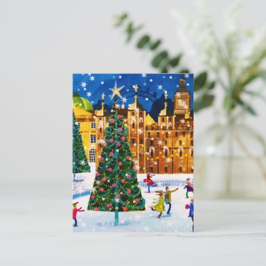 ゴールドピンクのクリスマスウィンターアイススケート シーズンポストカード (スタンド正面)