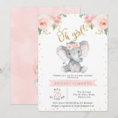 ゴールドピンクの女の子のサファリ・エレファント・ベイビーシャワー 招待状 (正面/裏面)