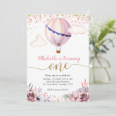 ゴールドピンクの熱気球の女の子のお誕生日おめでとう 招待状 (スタンド正面)