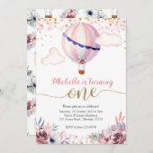 ゴールドピンクの熱気球の女の子のお誕生日おめでとう 招待状 (正面/裏面)