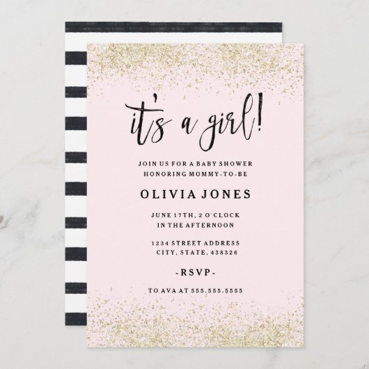 ゴールドピンクグリッターガールベイビーシャワー招待状 招待状 (正面/裏面)