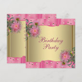 ゴールドピンクダリア 女性の誕生日パーティー 招待状 (正面/裏面)