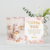 ゴールドピンクドーナツガール誕生日写真ありがとうカード サンキューカード (スタンド正面)