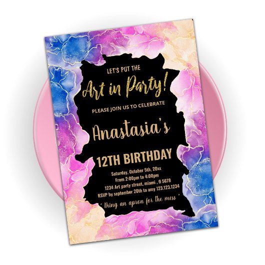 ゴールドピンクペイントの誕生日招待状 招待状