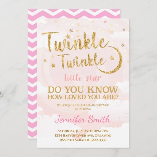 ゴールドピンクリトルスターベビーシャワー招待状 招待状 (正面/裏面)