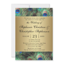 ゴールドピーコックフェザーウェディング招待状