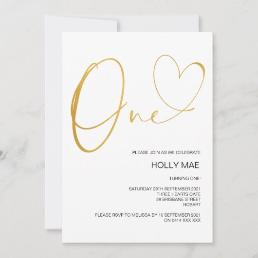 ゴールドファーストバースデー招待状 1歳の誕生日 ハート 招待状 (正面)