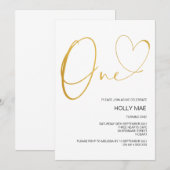 ゴールドファーストバースデー招待状 1歳の誕生日 ハート 招待状 (正面/裏面)