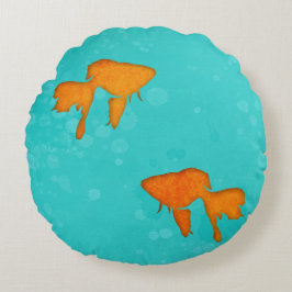 ゴールドフィッシュのオレンジ色のシルエットターコイズ水 ラウンドクッション