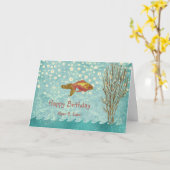 ゴールドフィッシュティール(緑がかった色)パール紙吹雪海藻誕生日 カード (黄色い花)