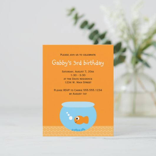 ゴールドフィッシュテーマオレンジブルー子供の誕生日 招待状 (スタンド正面)