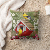 ゴールドフィッチズ&かわいいコテージバーズハウス クッション (ブランケット)
