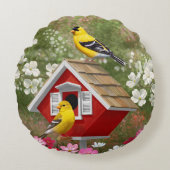 ゴールドフィッチズ&かわいいコテージバーズハウス ラウンドクッション (正面)