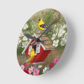 ゴールドフィッチズ&かわいいコテージバーズハウス ラウンド壁時計 (傾斜)