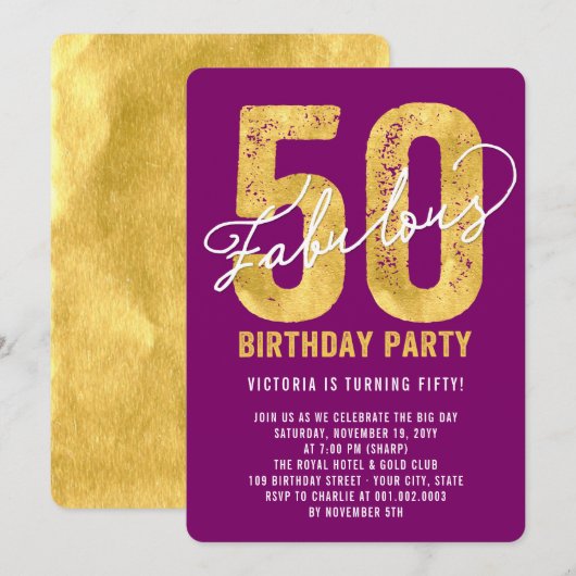 ゴールドフィフティ&ファビュラス 50歳の誕生日パーティー招待状 招待状 (正面/裏面)