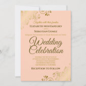 ゴールドフィリグリーエレガントフォーマルコーラルピーチウェディング 招待状 (正面)
