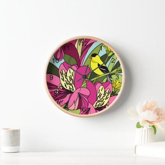 ゴールドフィンチと花 壁時計 (ホーム)