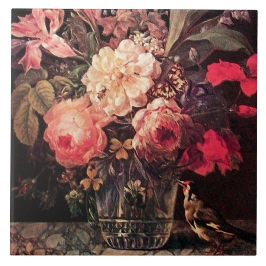 ゴールドフィンチ、ピンクのバラと蝶 タイル (正面)