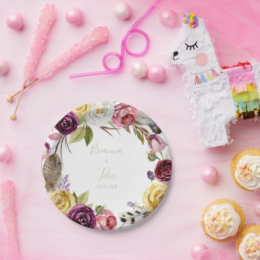 ゴールドフェザーボホトロピカルフラワーのウェディングケーキ ペーパープレート (パーティー)