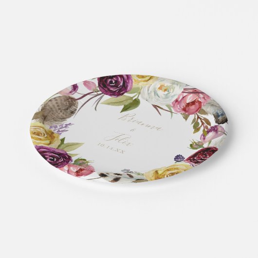 ゴールドフェザーボホトロピカルフラワーのウェディングケーキ ペーパープレート (アングル)