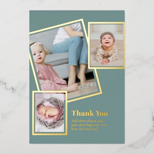 ゴールドフォイルありがとうフォトコラージュモダンQRコード 箔招待状 (正面)