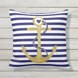 ゴールドフォイルいかりネイビーブルーストライプホワイト航海の アウトドアクッション