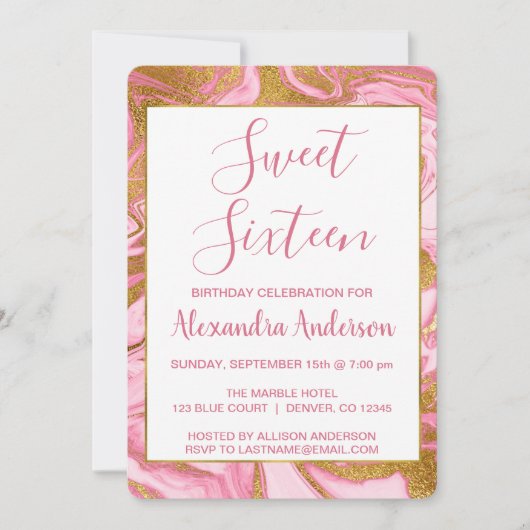 ゴールドフォイルとホットピンクマーブルスウィート16誕生日 招待状 (正面)