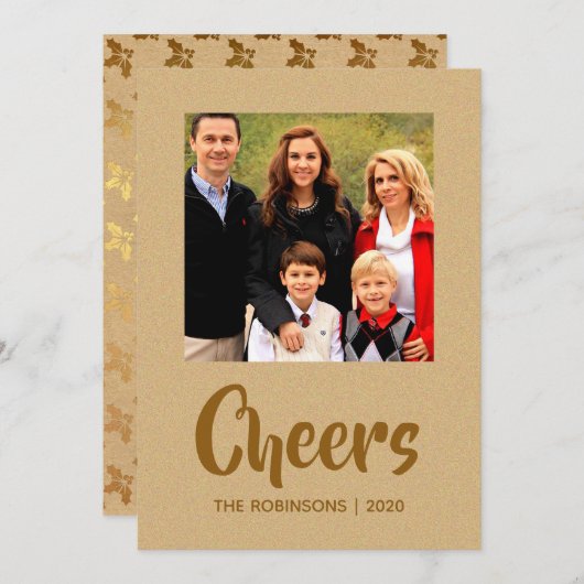 ゴールドフォイルのクリスマスグリーティングファミリーフォト シーズンカード (正面/裏面)