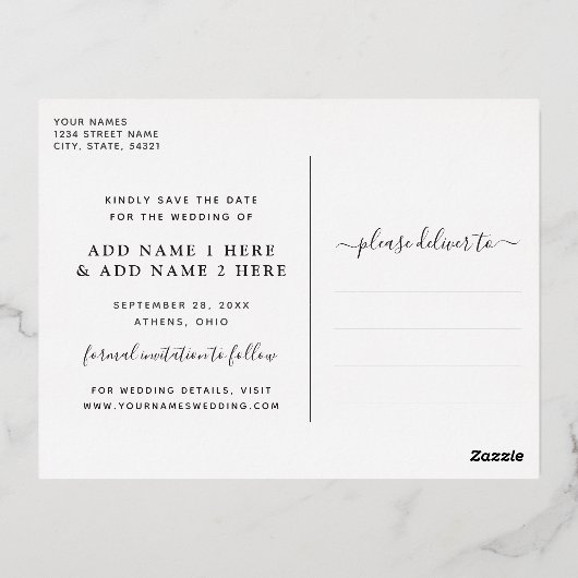 ゴールドフォイルのスクリプトVellumルック写真デートを保存 箔招待状ポストカード (裏面)