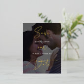 ゴールドフォイルのスクリプトVellumルック写真デートを保存 箔招待状ポストカード (立ち正面)
