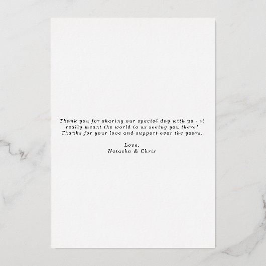 ゴールドフォイルのタイポグラフィ結婚ック写真のサンキューカード 箔招待状 (裏面)