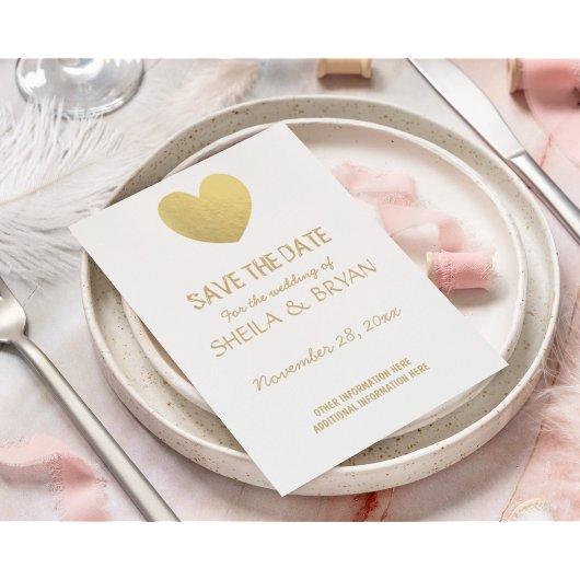 ゴールドフォイルのハート日付のポストカードを保存 案内ポストカード