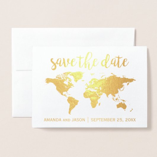 ゴールドフォイルの世界地図は日付カードを保存 箔カード (封筒付き正面)