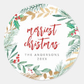 ゴールドフォイルの枝 水彩クリスマスリース ラウンドシール (正面)