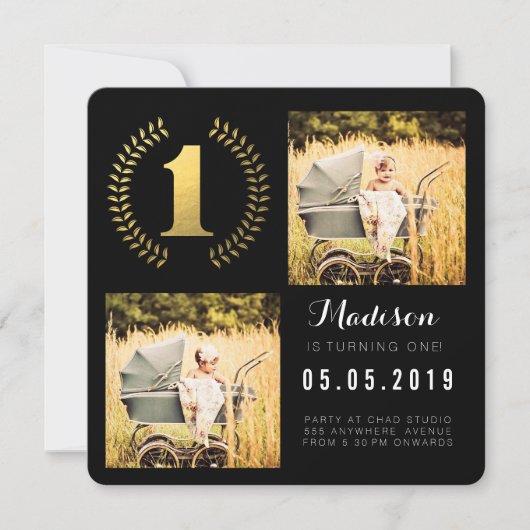 ゴールドフォイルの花冠 1歳の誕生日写真カード 招待状 (正面)