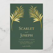ゴールドフォイルの葉のデコールSage Green結婚のQRコード 箔招待状 (正面)