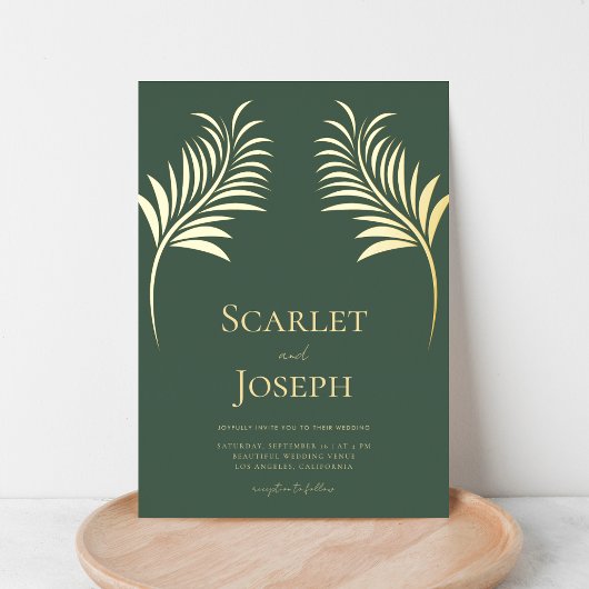 ゴールドフォイルの葉のデコールSage Green結婚のQRコード 箔招待状