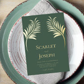ゴールドフォイルの葉のデコールSage Green結婚のQRコード 箔招待状