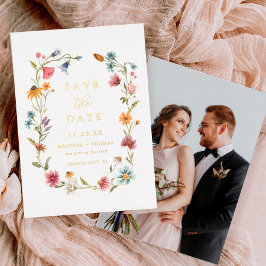 ゴールドフォイルの野の花の写真付き結婚式の延期・日程のお知らせ 箔招待状
