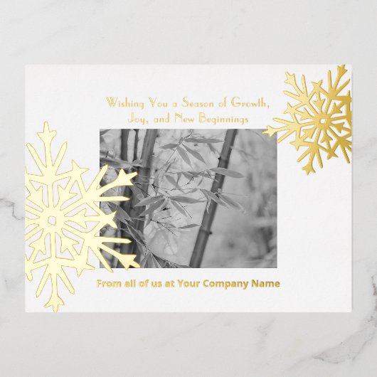 ゴールドフォイルアクセント雪の結晶フォトホリデーカード 箔シーズンポストカード (正面)