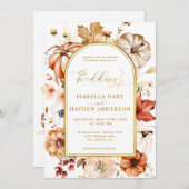 ゴールドフォイルアーチ秋フローラパンプキンラスト結婚ズ 招待状 (正面/裏面)