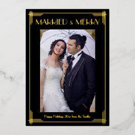 ゴールドフォイルアールデコ結婚した&メリークリスマスカード 箔招待状