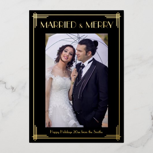 ゴールドフォイルアールデコ結婚した&メリークリスマスカード 箔招待状 (正面)