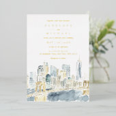 ゴールドフォイルウォーターカラーニューヨークシティ結婚ズ 箔招待状 (立ち正面)