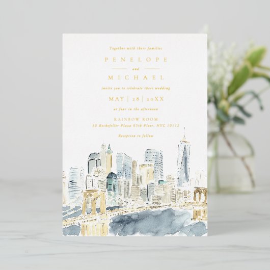 ゴールドフォイルウォーターカラーニューヨークシティ結婚ズ 箔招待状 (立ち正面)