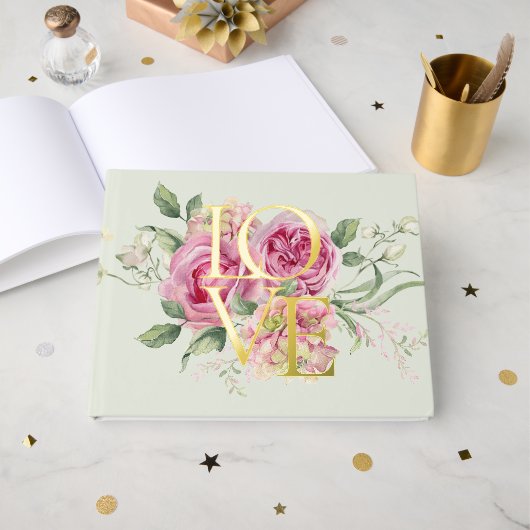 ゴールドフォイルウォーターカラーロマンチックフローラ結婚ズ ゲストブック (正面見開き)